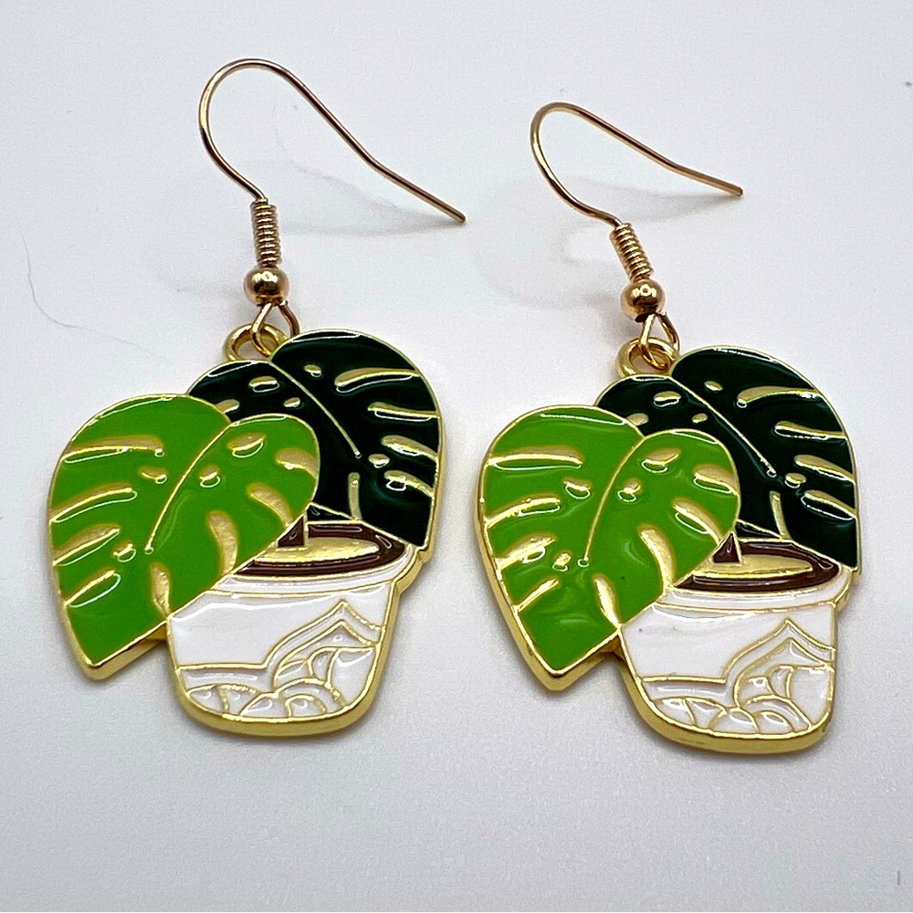 3/$20 - Monstera Potted Plant Gold Tone Dangle Earrings